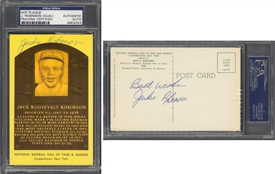 Jackie Robinson Twice Signed Hall of Fame Plaque Postcard (PSA/DNA)